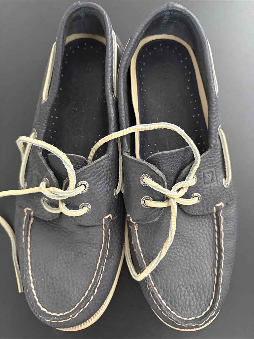 Sperry Navy Leather Boat Shoes with Cream Trim